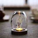 Glass candle holders with lid and wooden base for home decor