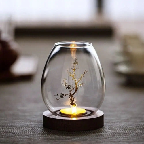 Glass candle holders with lid and wooden base for home decor - vue 3 sur 9