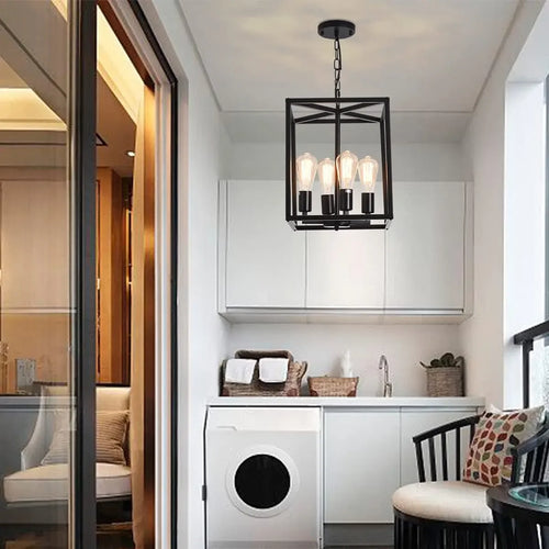Vintage industrial iron pendant light rectangular lantern for living room and bedroom