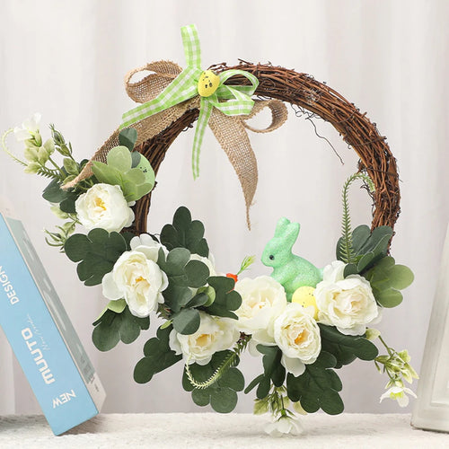 Decorative Easter wreath with bunny and hanging eggs - vue 2 sur 12
