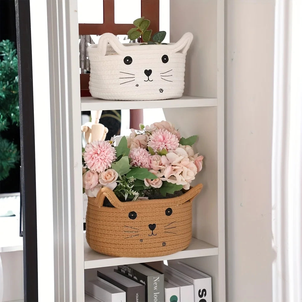 Cat head woven cotton storage baskets for office and home - vue 3 sur 11
