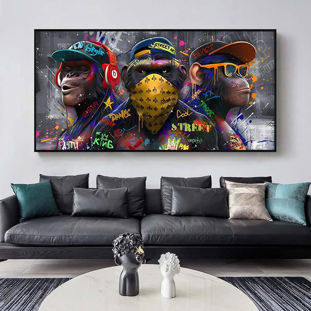 three orangutans graffiti wall art decoration monkey music - vue 7 sur 7