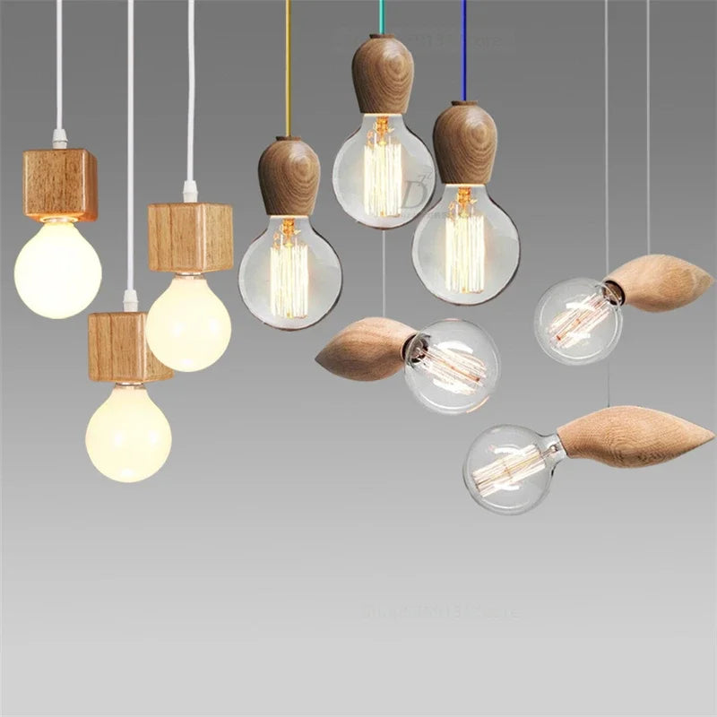 Vintage oak wood pendant light modern design - vue 3 sur 15