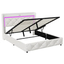 Upholstered Bed with LED Light, Charging Function, Air Pressure Metal Frame and Wooden Slatted Frame, PU, ​​Without Mattress