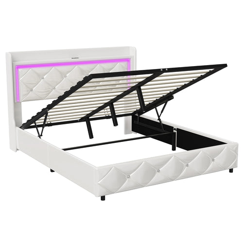 Upholstered Bed with LED Light, Charging Function, Air Pressure Metal Frame and Wooden Slatted Frame, PU, ​​Without Mattress - vue 7 sur 6
