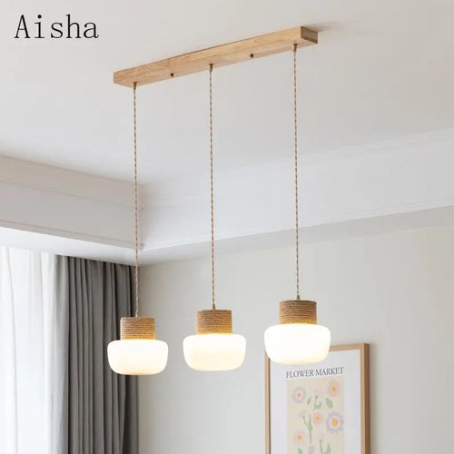 Wabi-sabi white glass pendant light with hemp rope - vue 4 sur 10