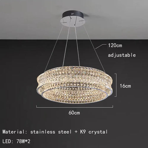 Modern clear crystal chandelier in stainless steel with dimmable light and adjustable cord - vue 8 sur 9
