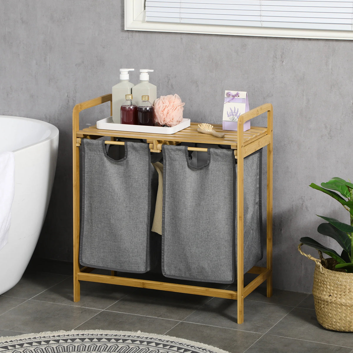 HOMCOM bamboo dirty laundry basket with 2 removable bags 63.5x33x73cm Natural