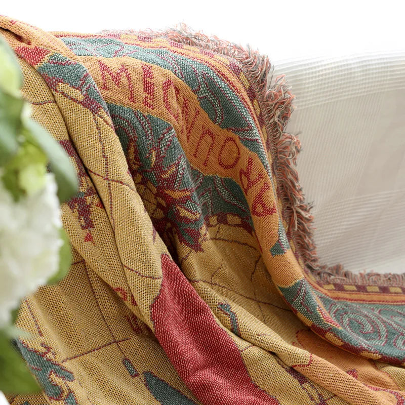 Knitted bohemian throw with world map motif for living room - vue 6 sur 6