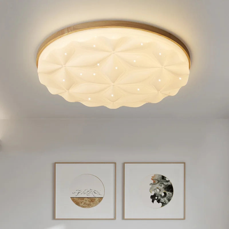 Minimalist nordic LED ceiling light in acrylic and wood, pumpkin shape - vue 3 sur 12