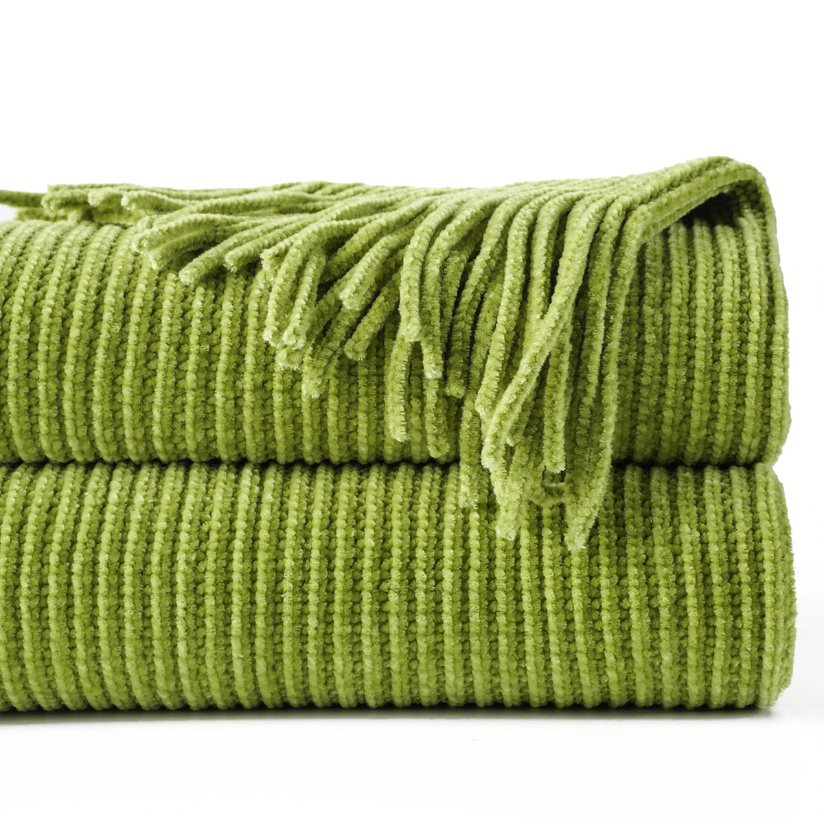 Chenille knit throw with pom poms and decorative check pattern