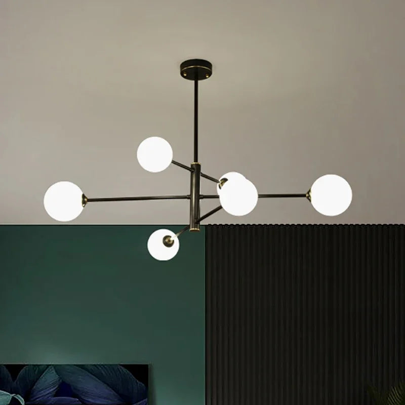 Modern LED copper chandelier with frosted glass ball - vue 6 sur 12