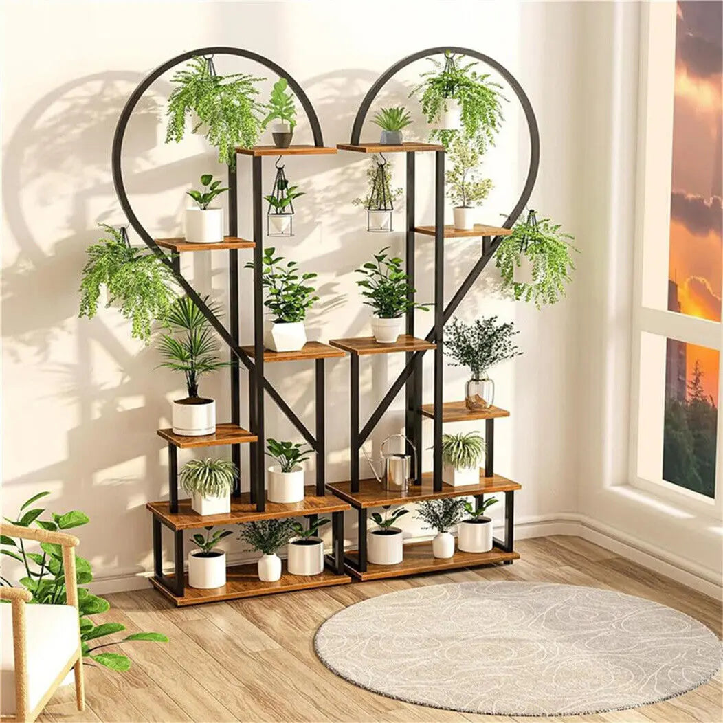 wooden and metal shelf for plants and flowers in the shape of a heart