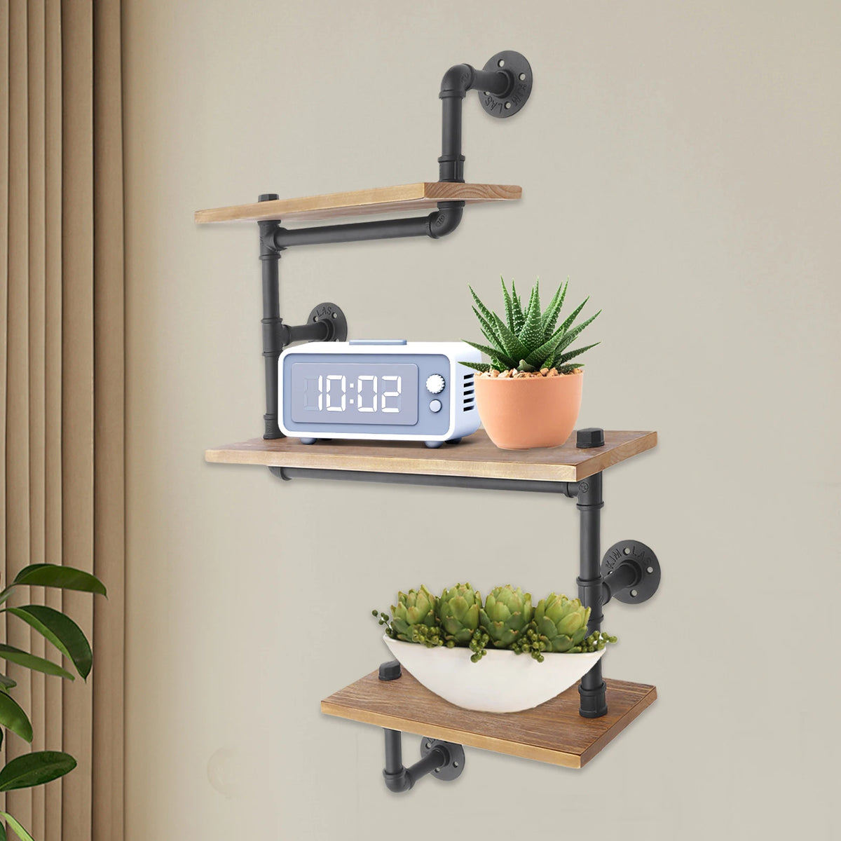 vintage wall shelf made of wood and industrial pipes