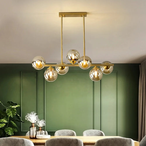 Suspended copper chandelier with glass globe for interior decoration - vue 3 sur 10