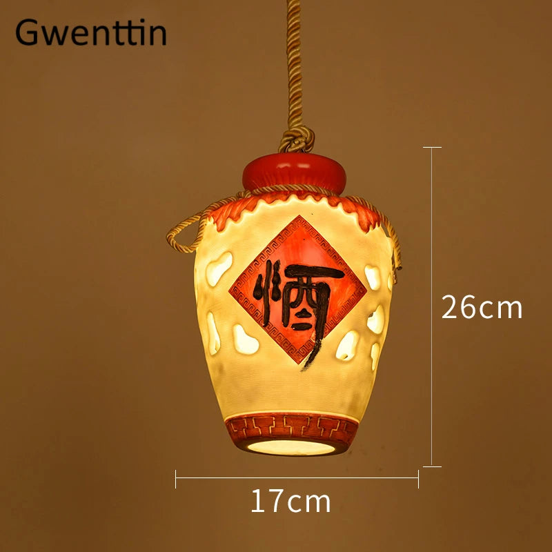 Chinese style wine jar pendant light for indoor decor - vue 10 sur 12