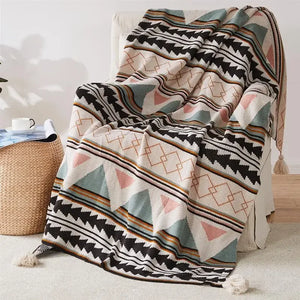 Boho striped knitted throw with decorative tassels