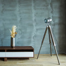 Industrial wood floor lamp with vintage hinged tripod