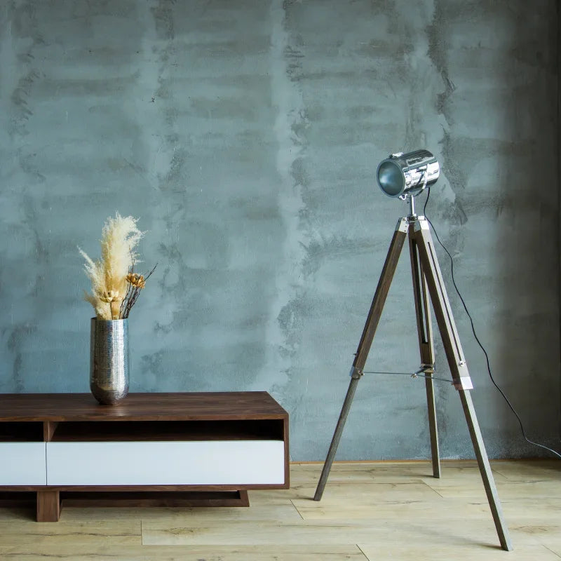 Industrial wood floor lamp with vintage hinged tripod - vue 4 sur 9