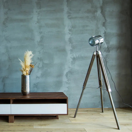 lampe de sol industrielle en bois avec trépied vintage réglable - vue 5 sur 9
