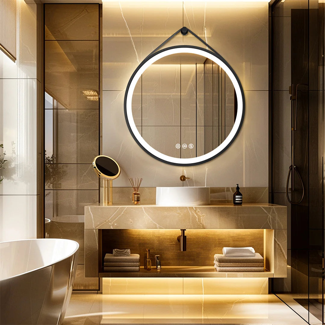 Round mirror with touch sensor and LED lights