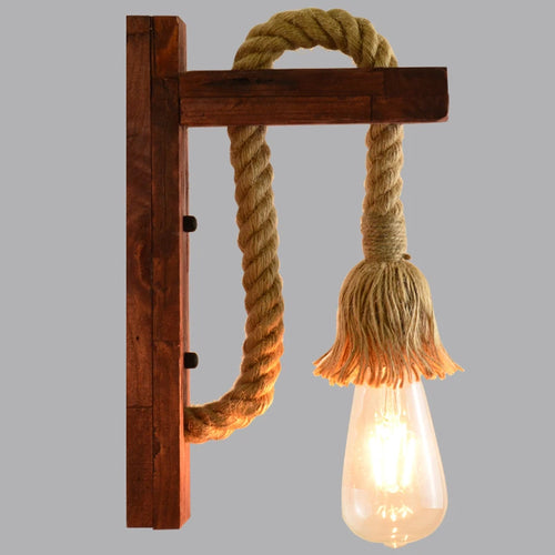 Vintage industrial wood and hemp rope LED wall light loft - vue 10 sur 15