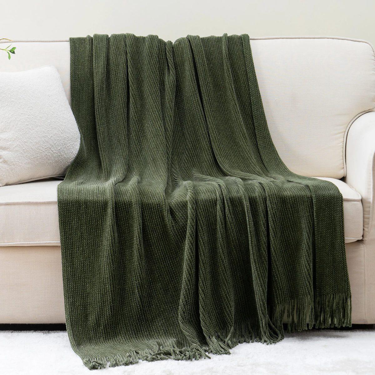 Chenille check throw with tassels for living room or bedroom decor - vue 3 sur 6