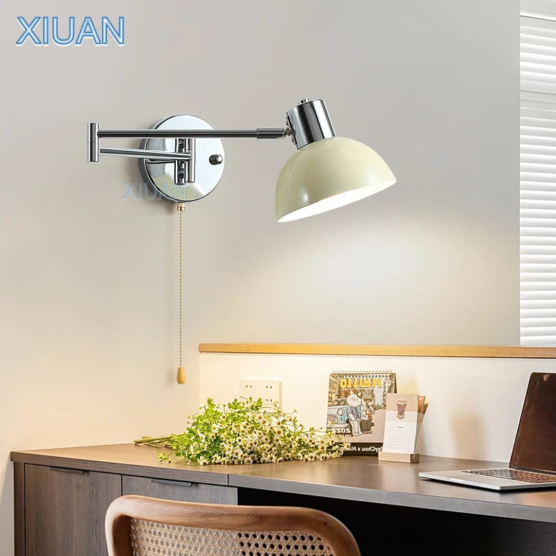 Modern wall light with adjustable arm in pleated fabric and metal