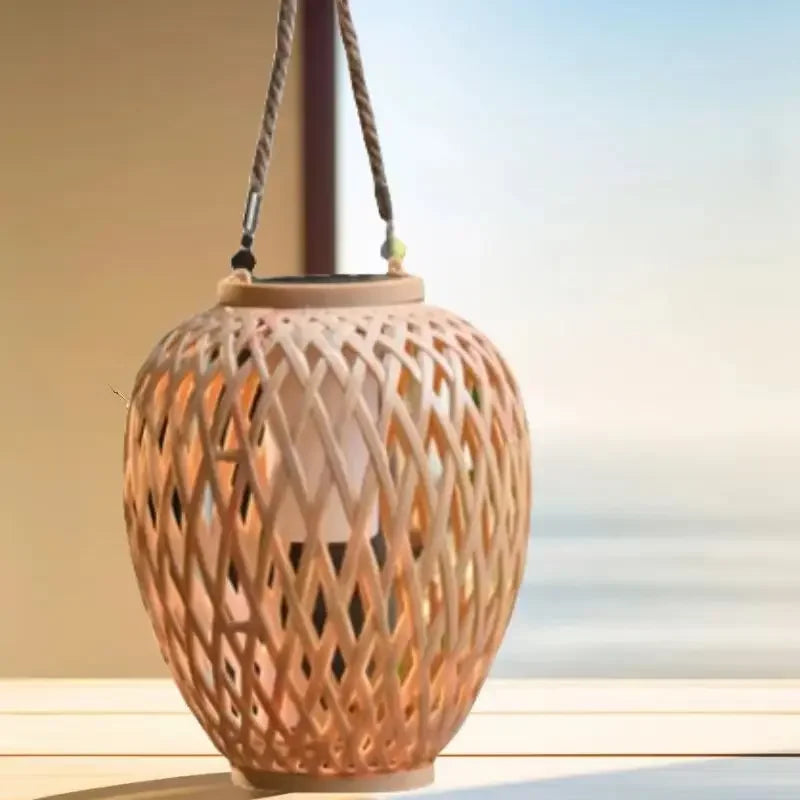 Outdoor solar lantern with imitation bamboo weave for decorative garden use - vue 3 sur 7