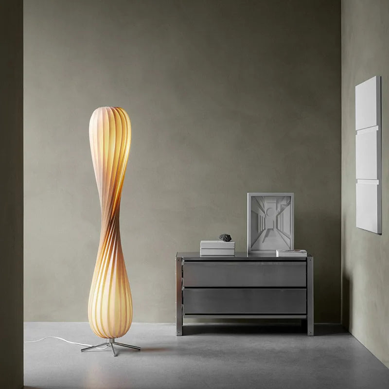 Wooden LED floor lamp modern retro standing spiral dimmable light for living room and bedroom