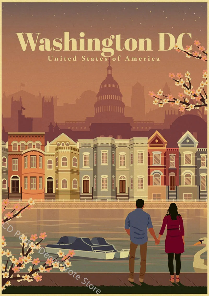 Vintage world cities poster wall decor