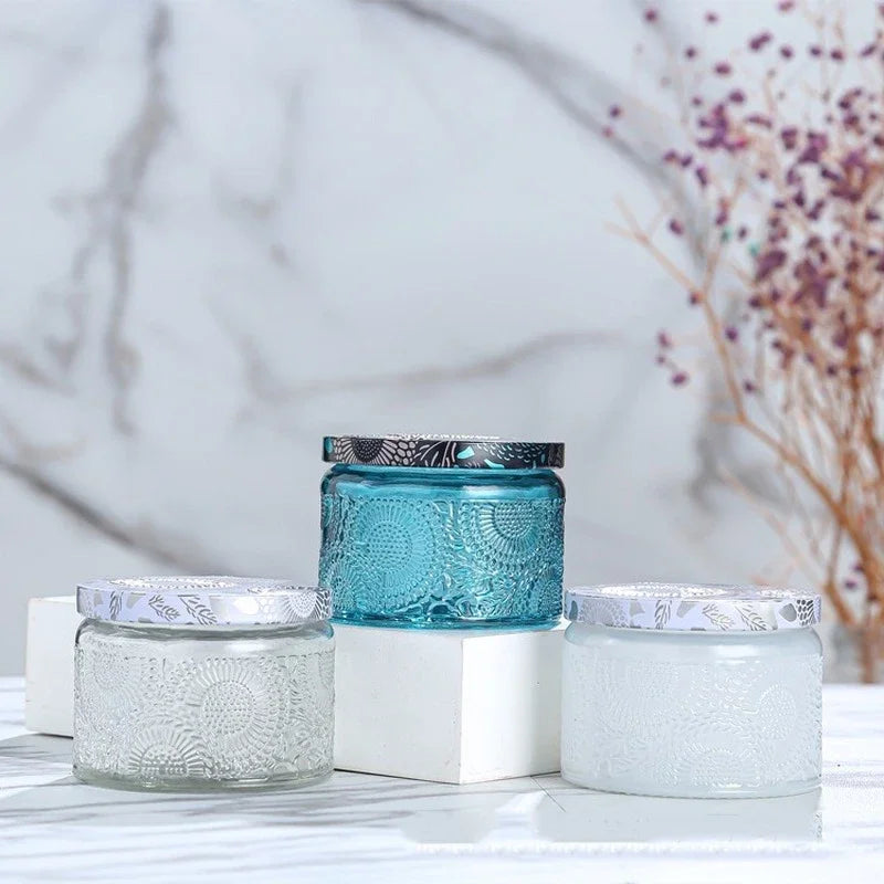 embossed glass candle jar with lid for aromatherapy - vue 6 sur 13
