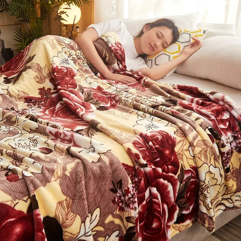 Lightweight fleece throw with floral check pattern for living room or bedroom