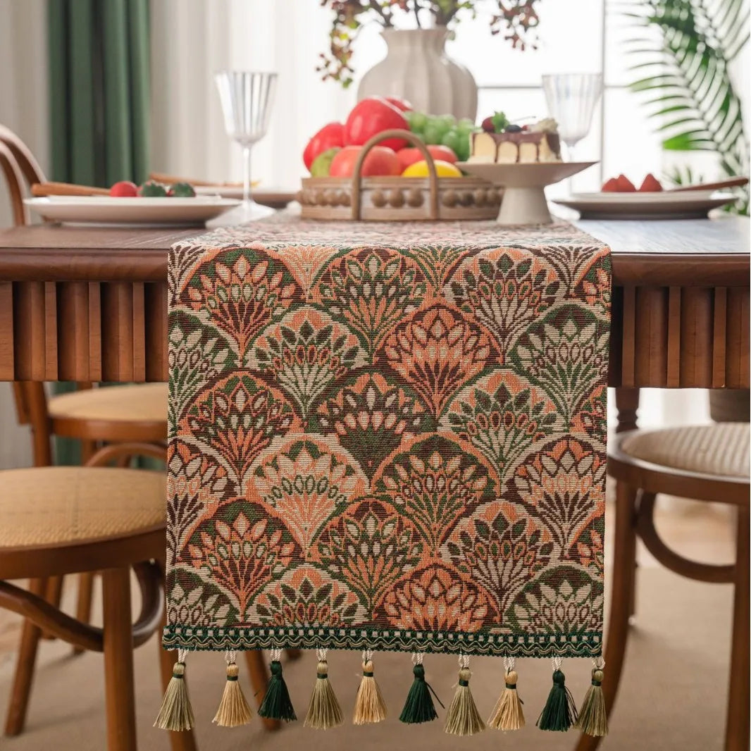 Green floral country table runner with pompoms
