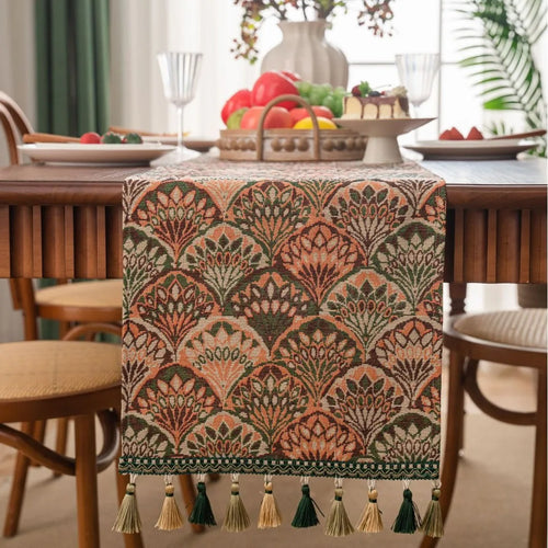 Green floral country table runner with pompoms