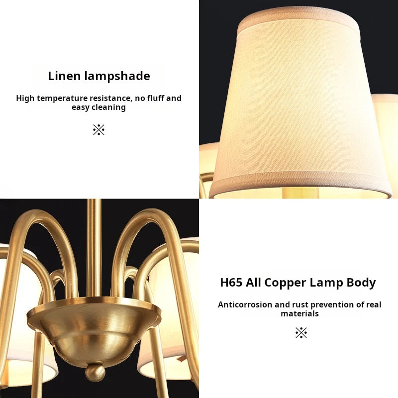 American retro copper LED chandelier with fabric shade - vue 5 sur 11