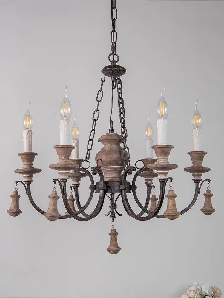 American retro solid wood chandelier with 6 lights for restaurant