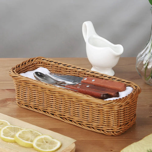 Desktop Cutlery Storage Basket Woven Basket Restaurant Tableware Drain Storage Box Tableware Storage Basket, Brown - vue 5 sur 7