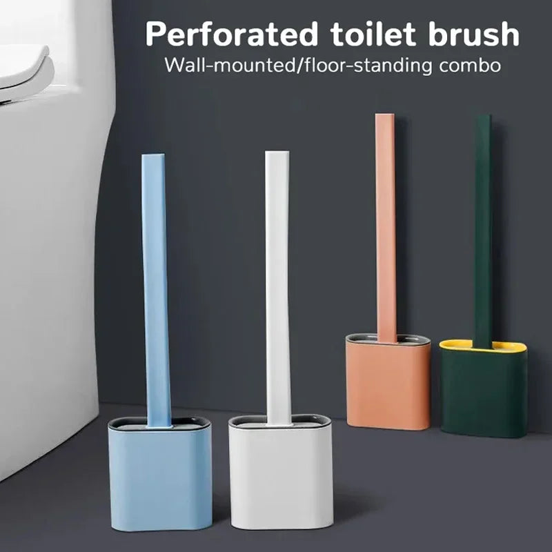 Silicone toilet brush with wall holder and long handle