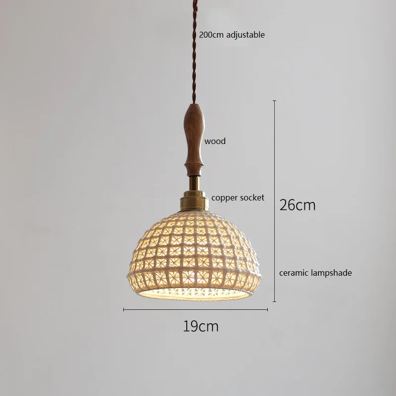 Japanese style pendant light in ceramic and vintage ash wood
