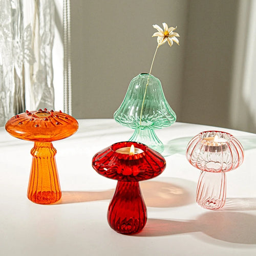 Glass mushroom candlestick for table decoration and vase - vue 2 sur 14