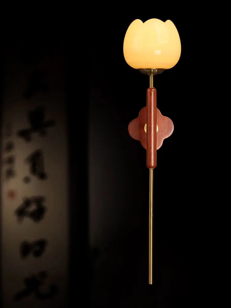 Traditional copper and wood wall light with jade lampshade