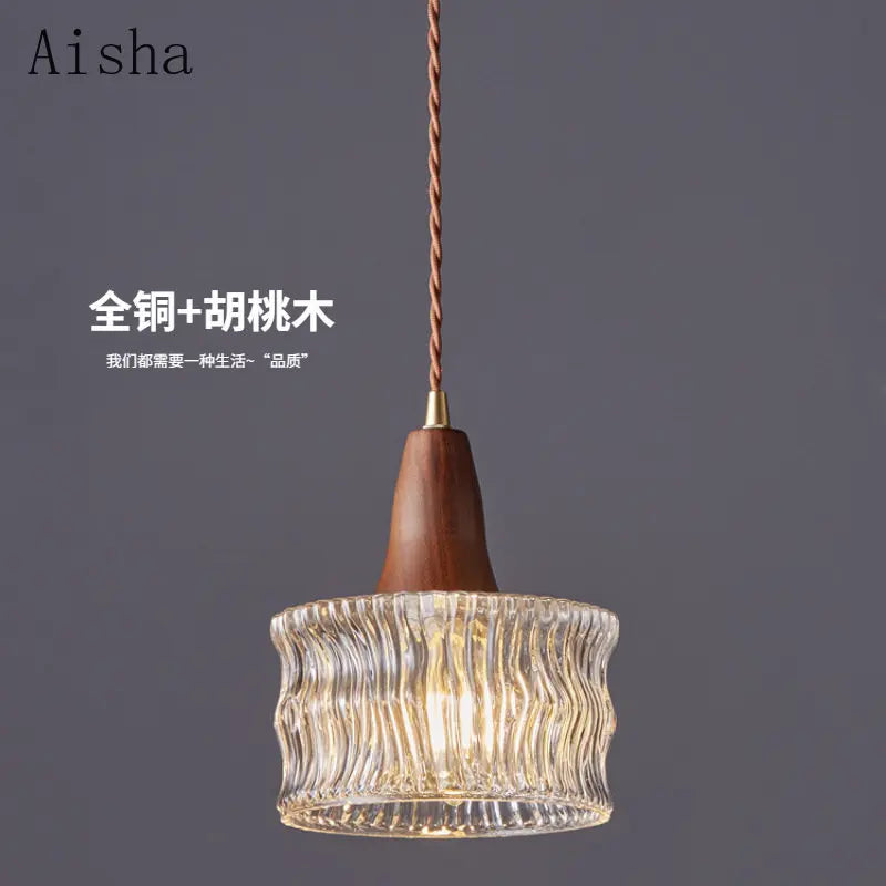 Nordic glass, copper and wood pendant light for decorative lighting - vue 2 sur 7