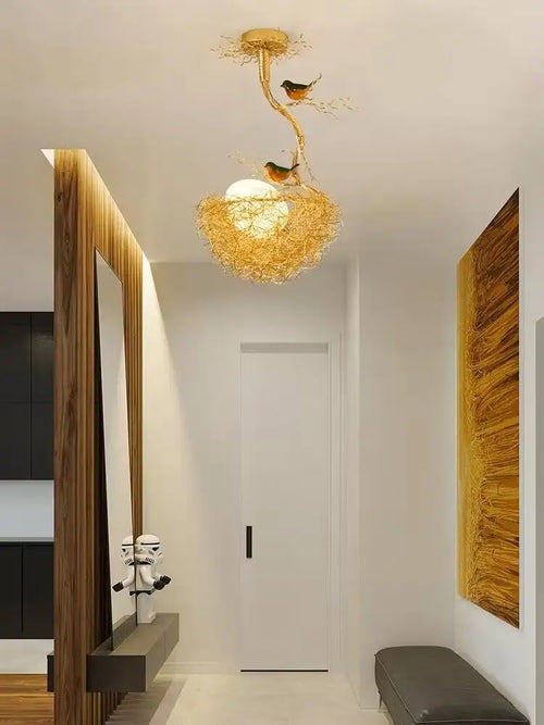 Modern LED chandelier with bird's nest design and glass ball - vue 4 sur 14