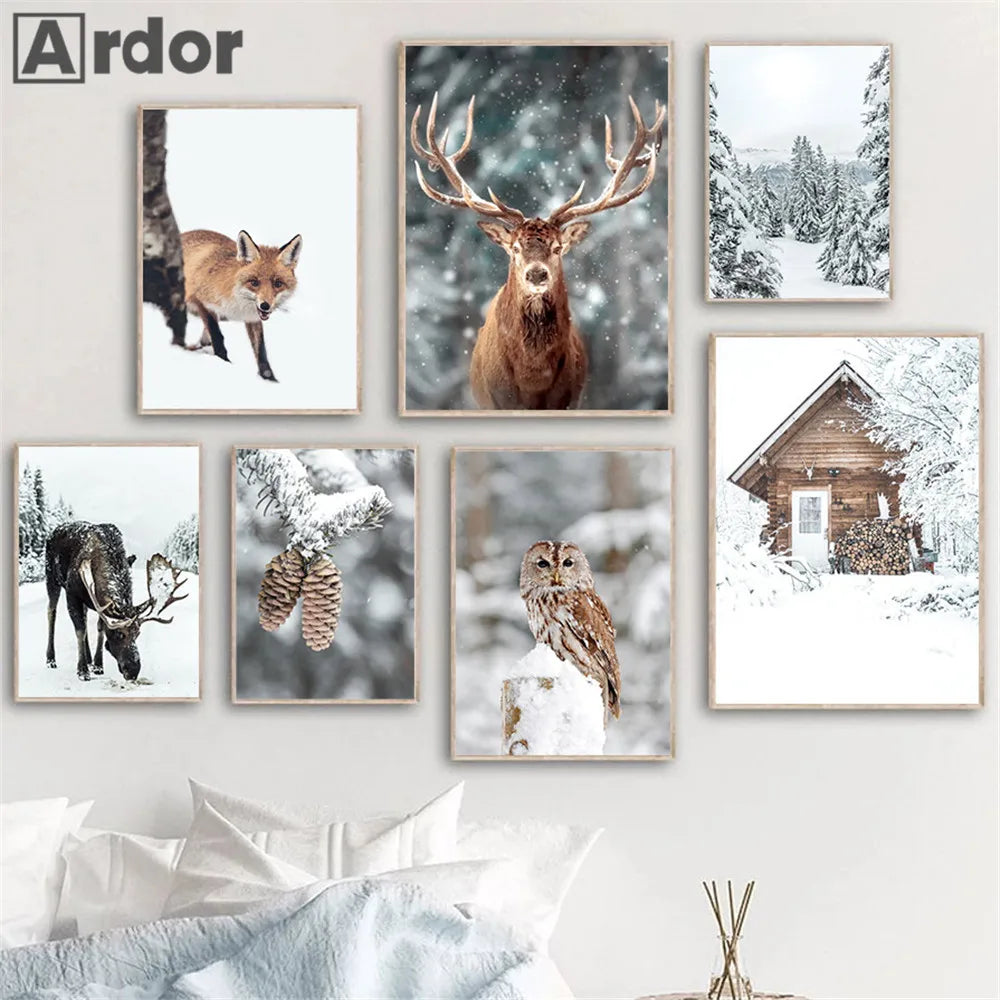 Winter forest wall art with fox, owl and deer - vue 2 sur 7