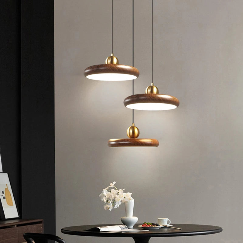 Iron chandelier with wood grain effect dimmable pendant light