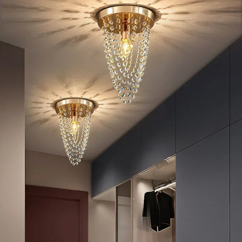 Modern bohemian style wood LED ceiling light with elegant crystal