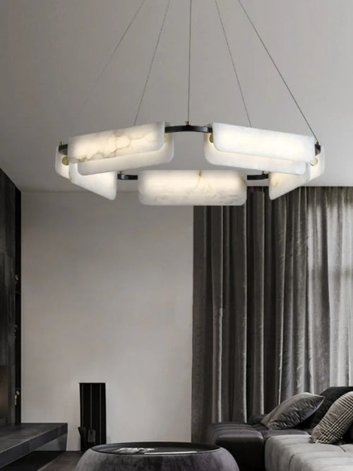 Modern designer chandelier in pure natural marble and copper - vue 4 sur 11