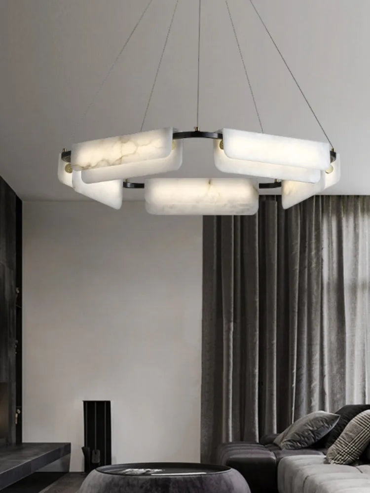 Modern designer chandelier in pure natural marble and copper - vue 3 sur 11