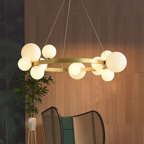 Gold round LED chandelier with glass globes - vue 5 sur 18